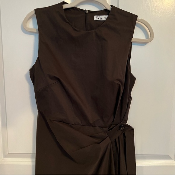 Zara Collection Dark Brown Sheath Mock Wrap Midi Dress Size M - Picture 5 of 14